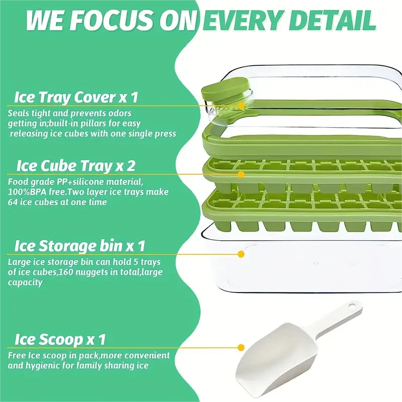 【Hot sales】2 Packs, Ice Cube Tray With Lid And Bin, Ice Cube Trays For Freezer, 64 Cavity Ice Cube Mold Ice Cube Trays